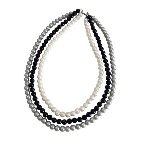 Women's Multi-color (White, Black, Grey) Three Strand Faux Pearl Necklace - Picture 1 of 4